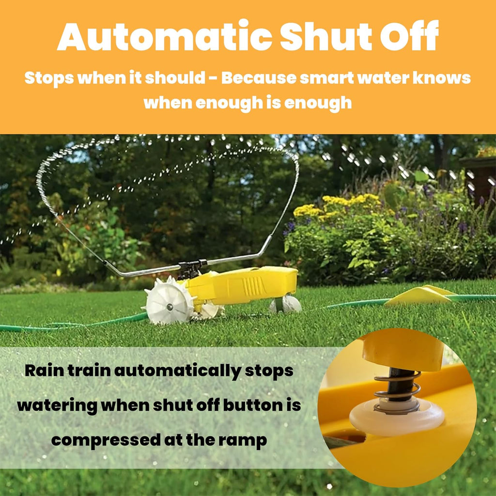 Nelson Rain Train 13,500 Square Feet Cast Iron Outdoor Lawn Traveling Water Sprinkler For Yard, And Garden, With Auto Shut Off, Yellow
