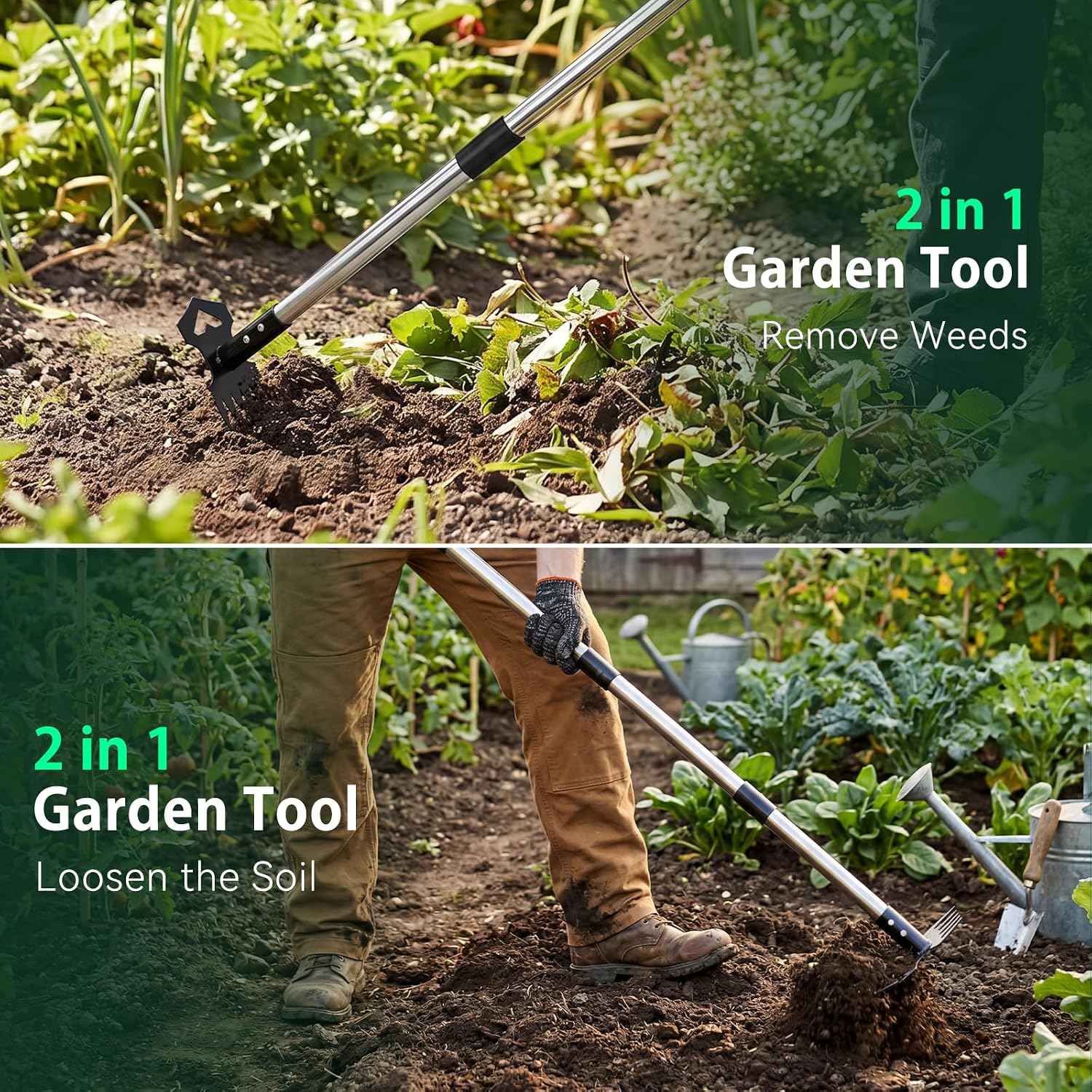 60" Weed Puller Tool With Long Handle, 2-In-1 Weed Rake & Garden Hoe, Stand Up Weeding Tools Gardening, Heavy Duty Steel Weeder Tool, Manual Uprooting Weed Remover Tool For Yard, Lawn, Patio, Garden
