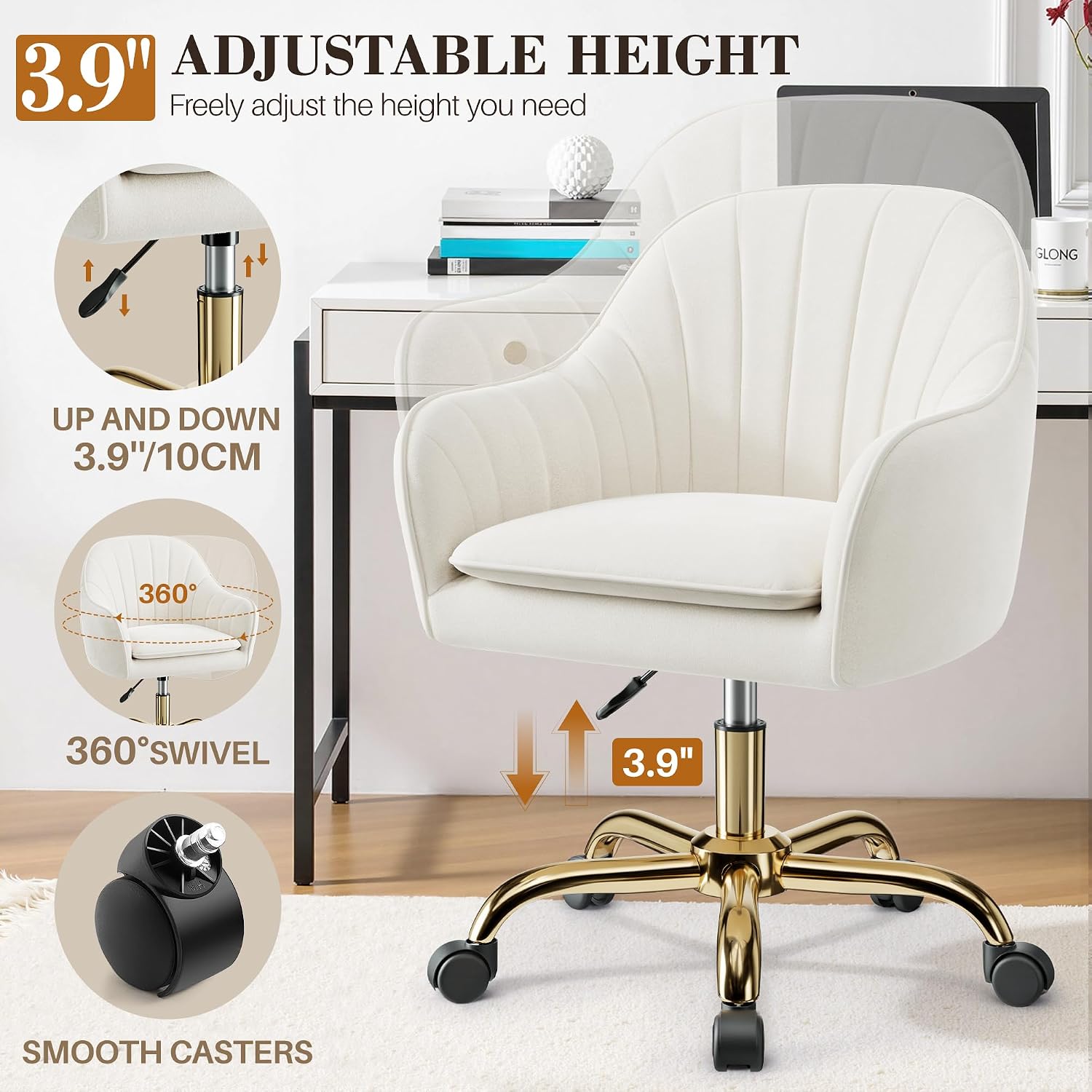 Vanity Chair With Wheels, Comfy Home Office Desk Chairs Adjustable Modern Velvet Makeup Vanity Chairs For Bedroom Living Room-Beige