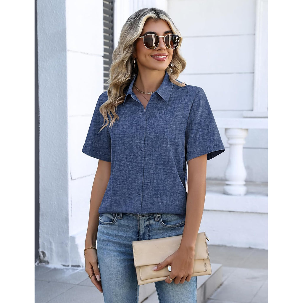 Zeagoo Button Down Shirts For Women Short Sleeve Collared Tops Dressy Casual V Neck Blouses