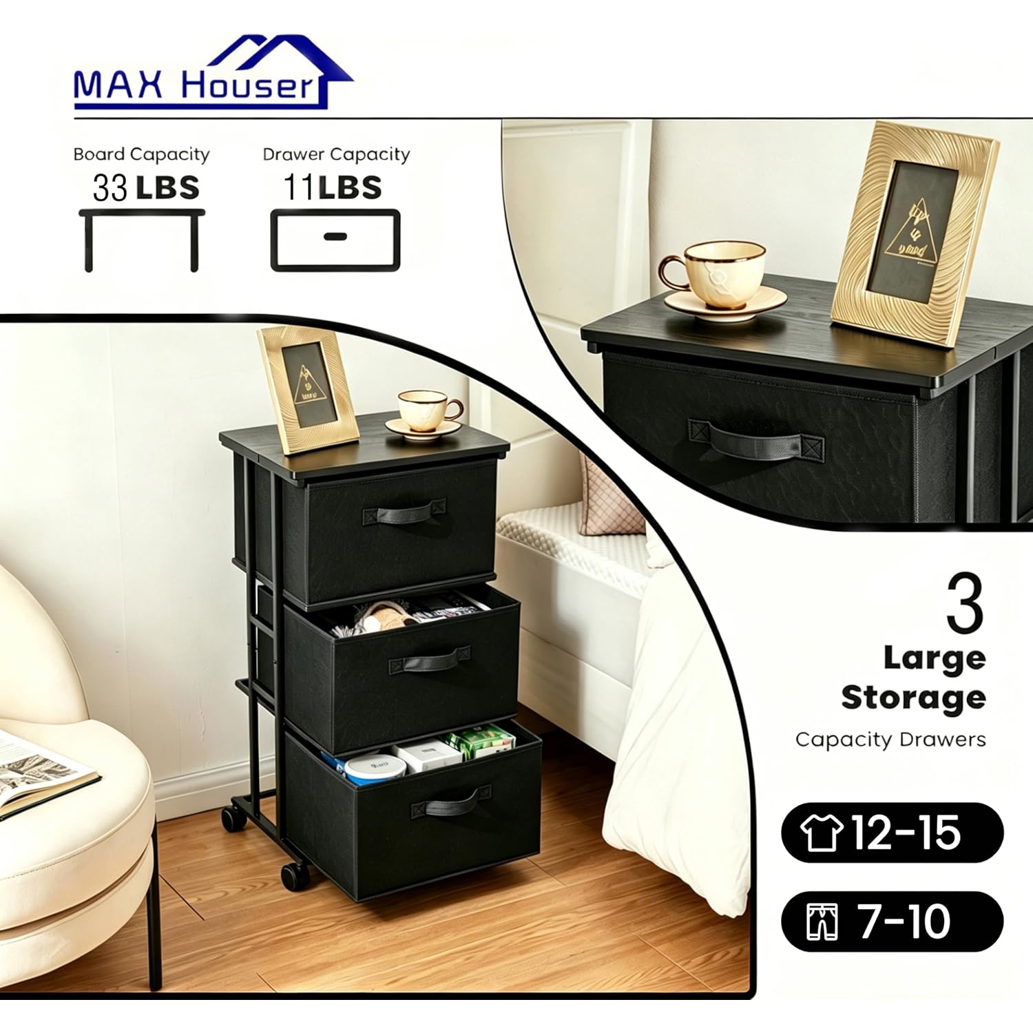 Dresser Storage With 3 Drawers, Fabric Dresser Tower, Vertical Storage Unit For Bedroom, Closet, Office, Black