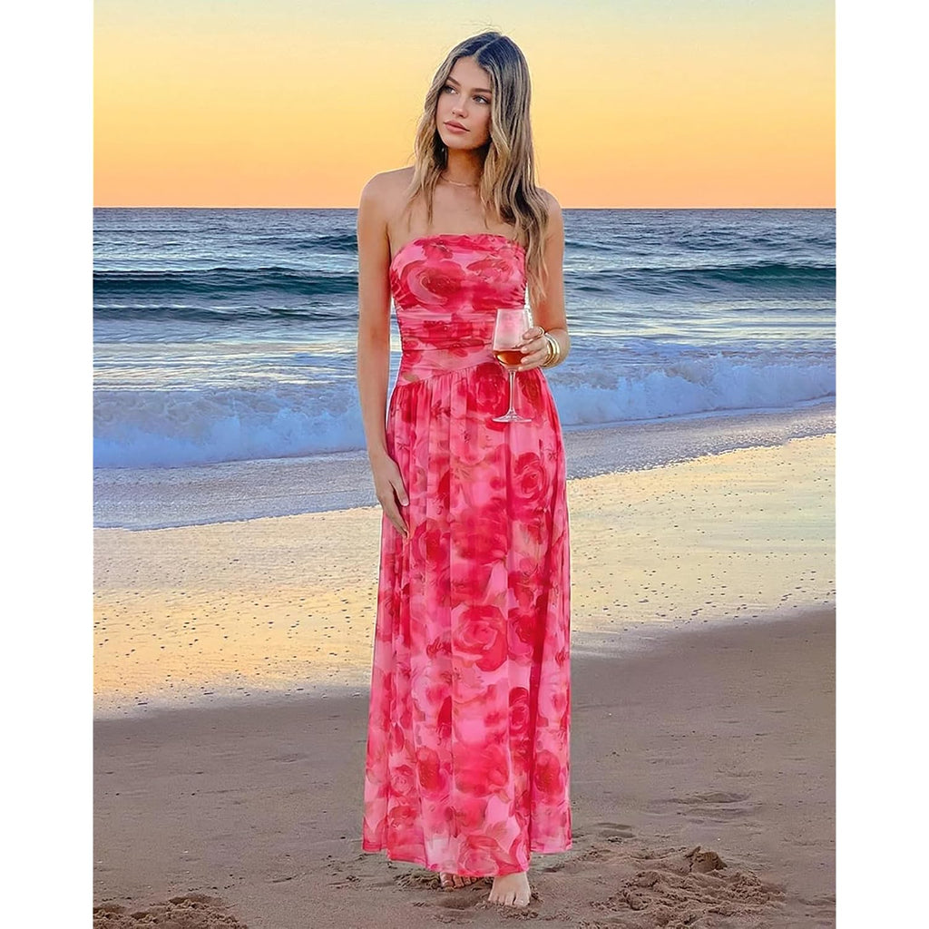 Summer Floral Wedding Guest Maxi Dress For Women Strapless Tube Long Dresses Mesh Flowy Vacation Cocktail Dresses