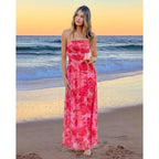Summer Floral Wedding Guest Maxi Dress For Women Strapless Tube Long Dresses Mesh Flowy Vacation Cocktail Dresses