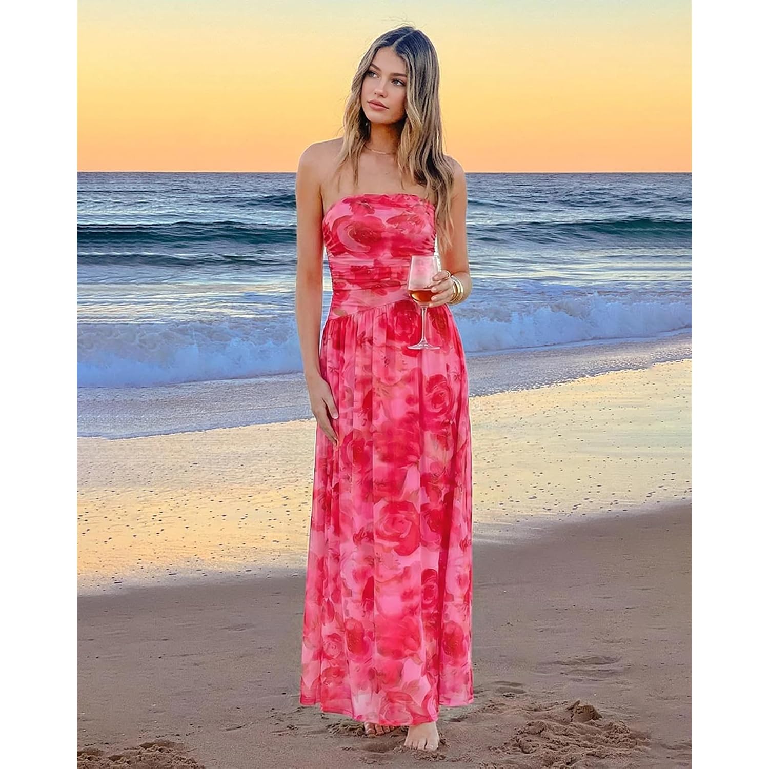 Summer Floral Wedding Guest Maxi Dress For Women Strapless Tube Long Dresses Mesh Flowy Vacation Cocktail Dresses