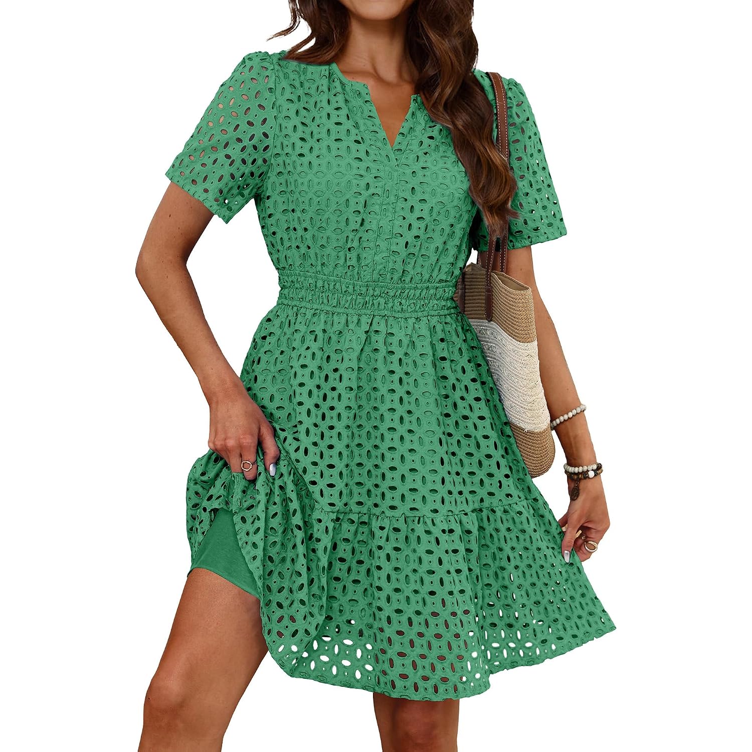 Rumia Womens Dresses 2026 Summer V Neck Eyelet Lace A Line Short Dress