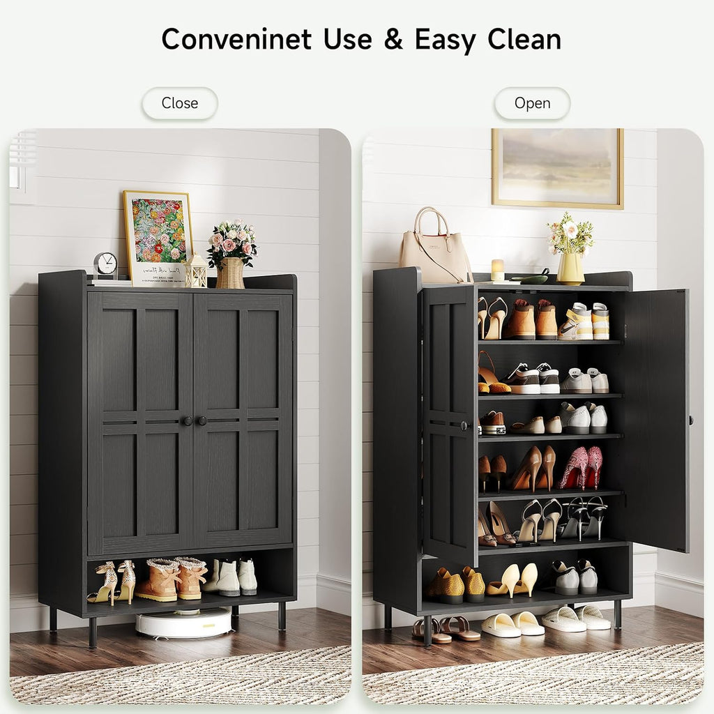 Shoe Cabinet With Cross Molding Doors, 6-Tier Shoe Storage Cabinet With 3 Adjustable Shelves And Metal Legs, 45'' Tall Shoes Rack Organizer Cabinet For Entryway, Front Door, Black