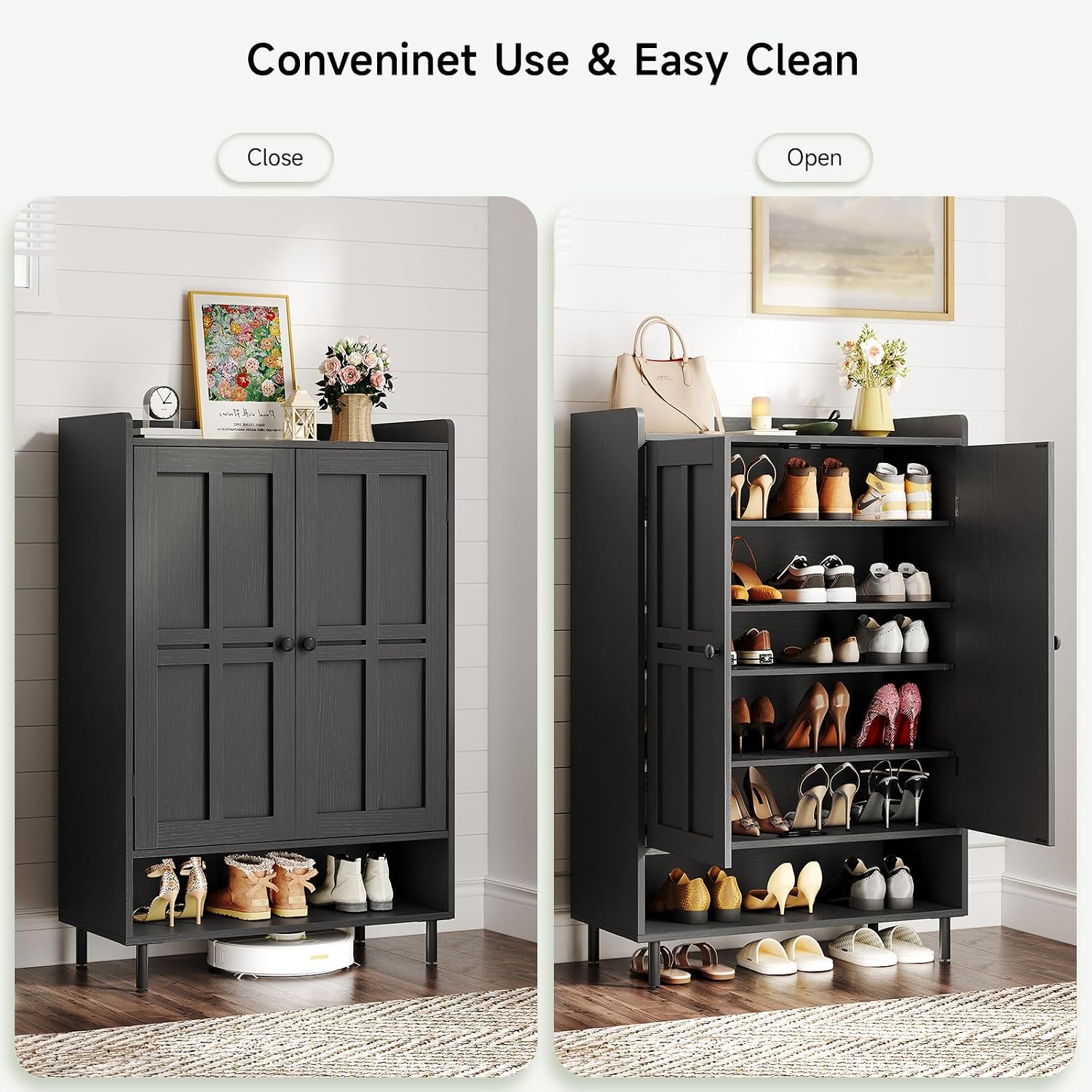 Shoe Cabinet With Cross Molding Doors, 6-Tier Shoe Storage Cabinet With 3 Adjustable Shelves And Metal Legs, 45'' Tall Shoes Rack Organizer Cabinet For Entryway, Front Door, Black