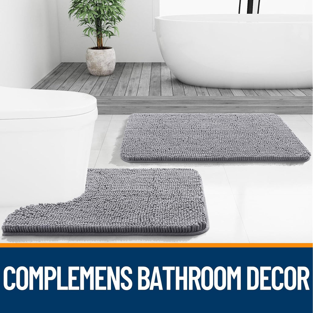 Olanly Bathroom Rugs Sets 2 Piece, Soft Absorbent Chenille Bath Mats And U-Shaped Contour Toilet Mat Area Rug Set, Machine Washable Bath Carpet, Home Decor Accessories (30"X20"+24"X20", Grey)