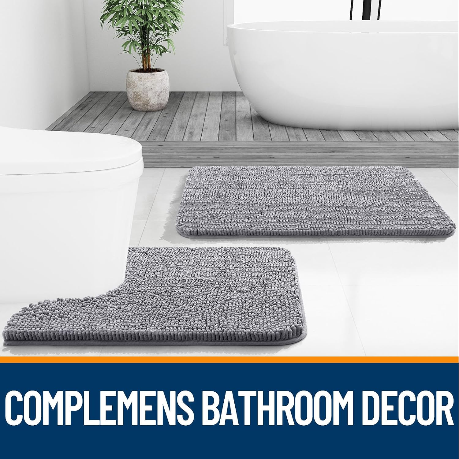 Olanly Bathroom Rugs Sets 2 Piece, Soft Absorbent Chenille Bath Mats And U-Shaped Contour Toilet Mat Area Rug Set, Machine Washable Bath Carpet, Home Decor Accessories (30"X20"+24"X20", Grey)
