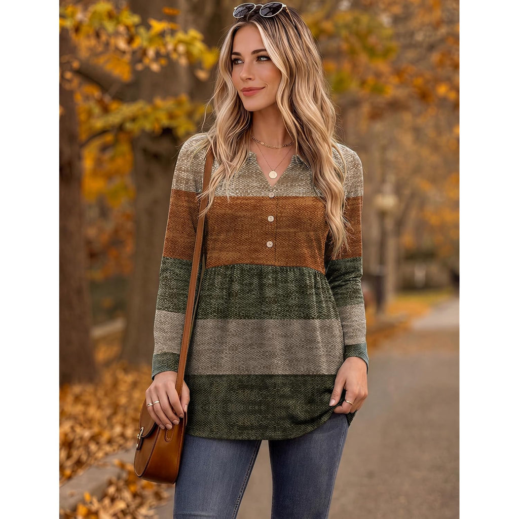 Zeagoo Women Blouses Long Sleeve Shirts Boho Henley V Neck Tops Business Casual Loose Pleated Fashion Clothing