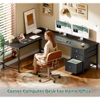 Furologee 63" L Shaped Desk With Power Outlets & Usb-C Port, Reversible Corner Computer Desk With 3 Fabric Drawers, Hooks, Large Home Office Desk For Gaming, Writing, Work, Black