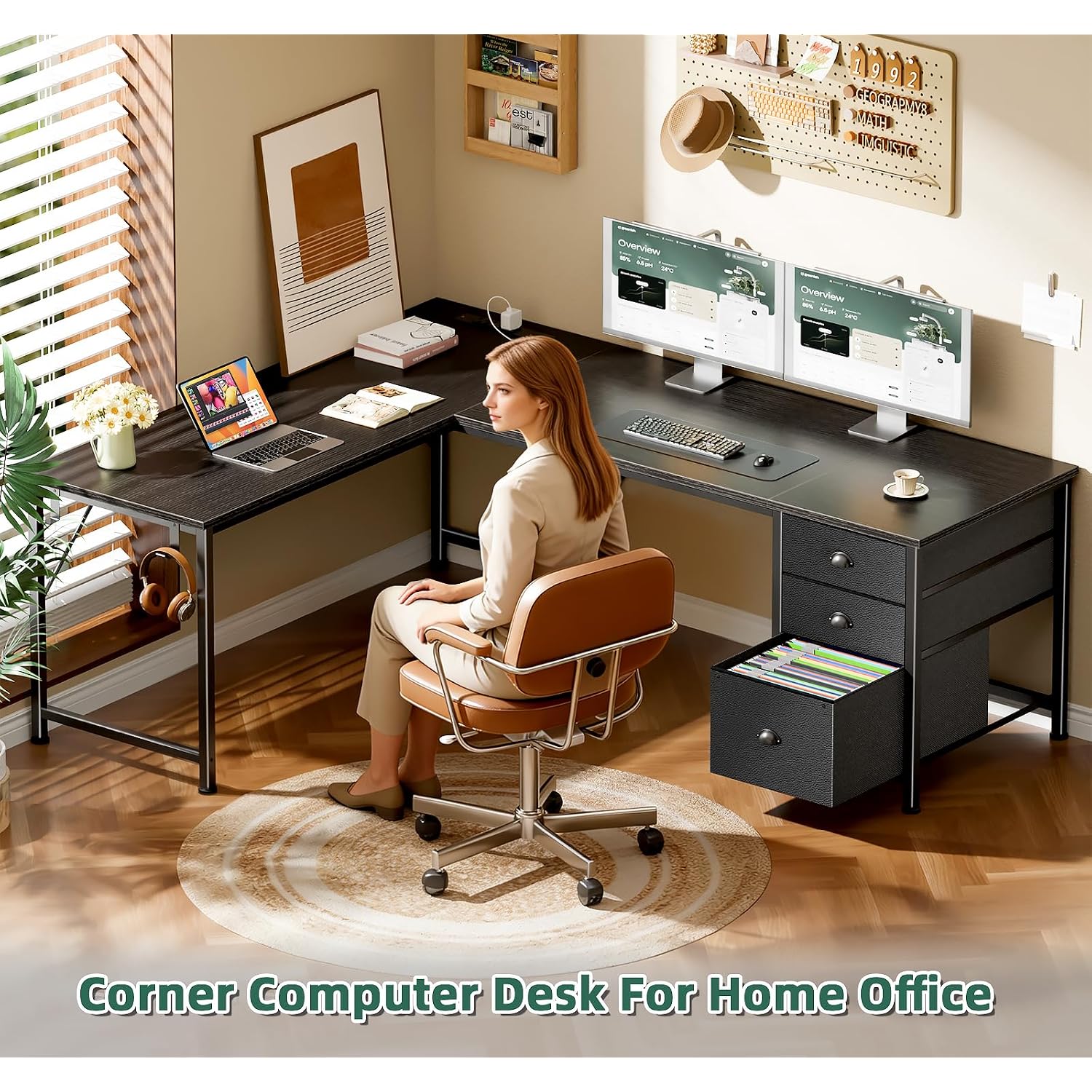 Furologee 63" L Shaped Desk With Power Outlets & Usb-C Port, Reversible Corner Computer Desk With 3 Fabric Drawers, Hooks, Large Home Office Desk For Gaming, Writing, Work, Black