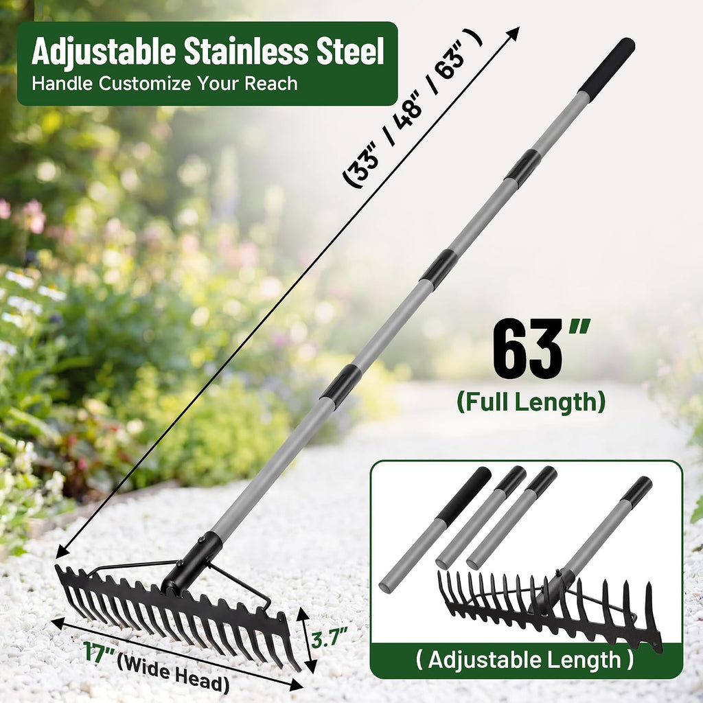 Walensee Heavy Duty Dual-Sided Bow Rake, 63" Stainless Steel Handle, Heat-Treated Manganese Steel Head, 17 Steel Tines Metal Garden Rake For Soil Loosening, Yard Leveling, Lawn Care And Thatch Removal
