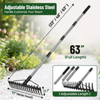 Walensee Heavy Duty Dual-Sided Bow Rake, 63" Stainless Steel Handle, Heat-Treated Manganese Steel Head, 17 Steel Tines Metal Garden Rake For Soil Loosening, Yard Leveling, Lawn Care And Thatch Removal