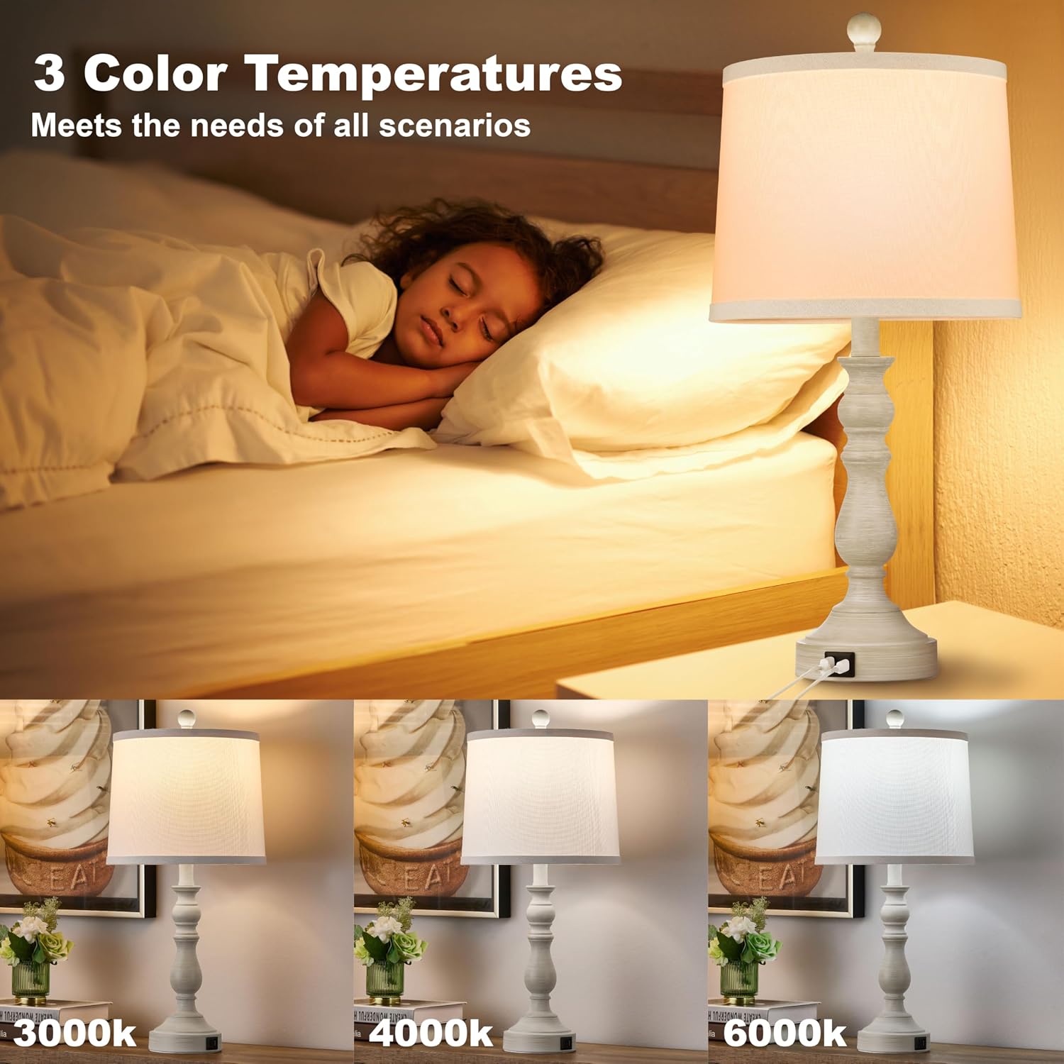23'' Farmhouse Table Lamps For Living Room Set Of 2 With Usb C+A Ports, Retro Bedside Lamp For Bedroom, Office, Dining Room, Knob Switch, 3 Color Temperatures, Bulb Included, Beige