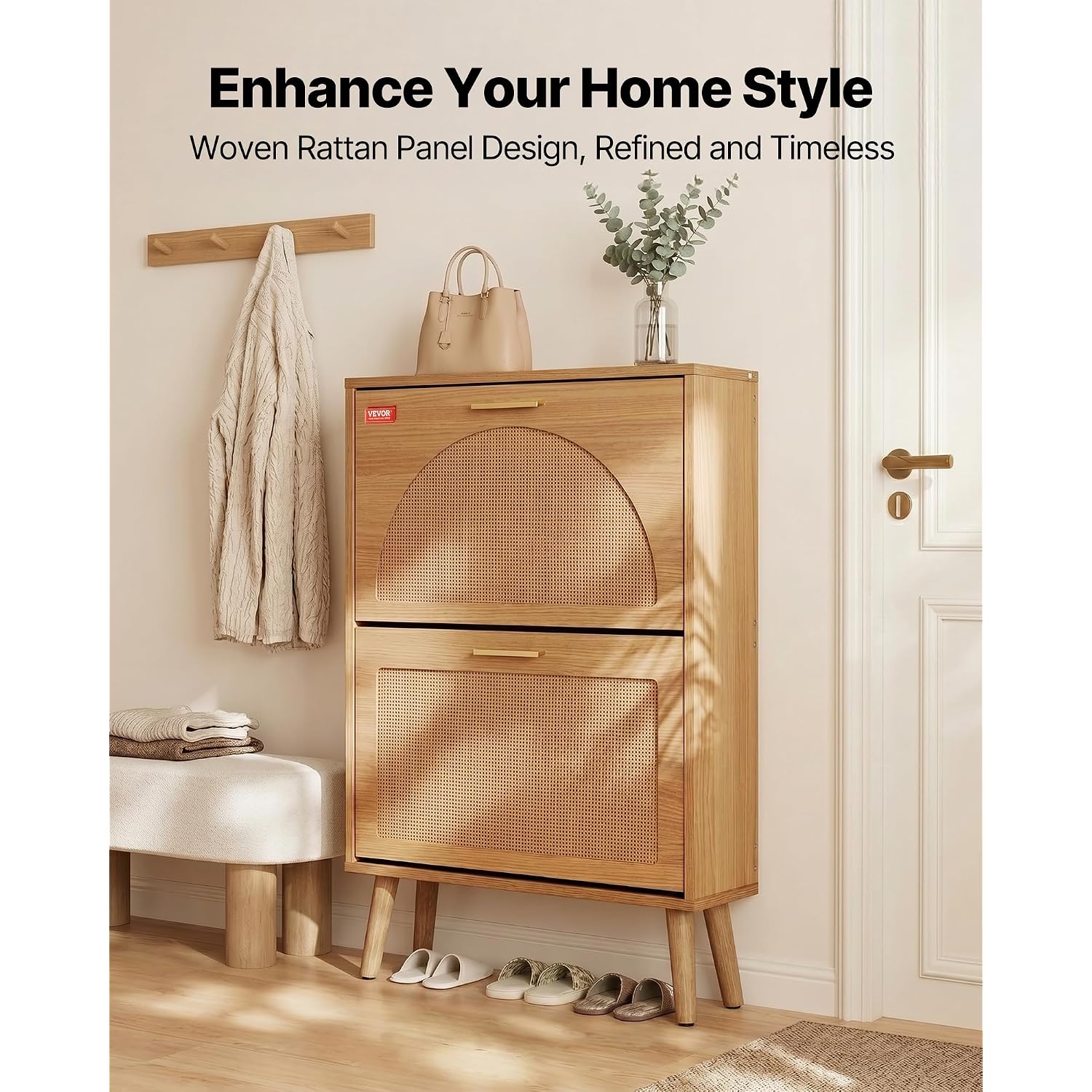 Vevor Shoe Cabinet With 2 Flip Drawers, Shoe Storage Cabinet For Entryway, Free Standing Shoe Storage Organizer With Rattan Doors For Heels, Boots, Slippers In Hallway, Living Room