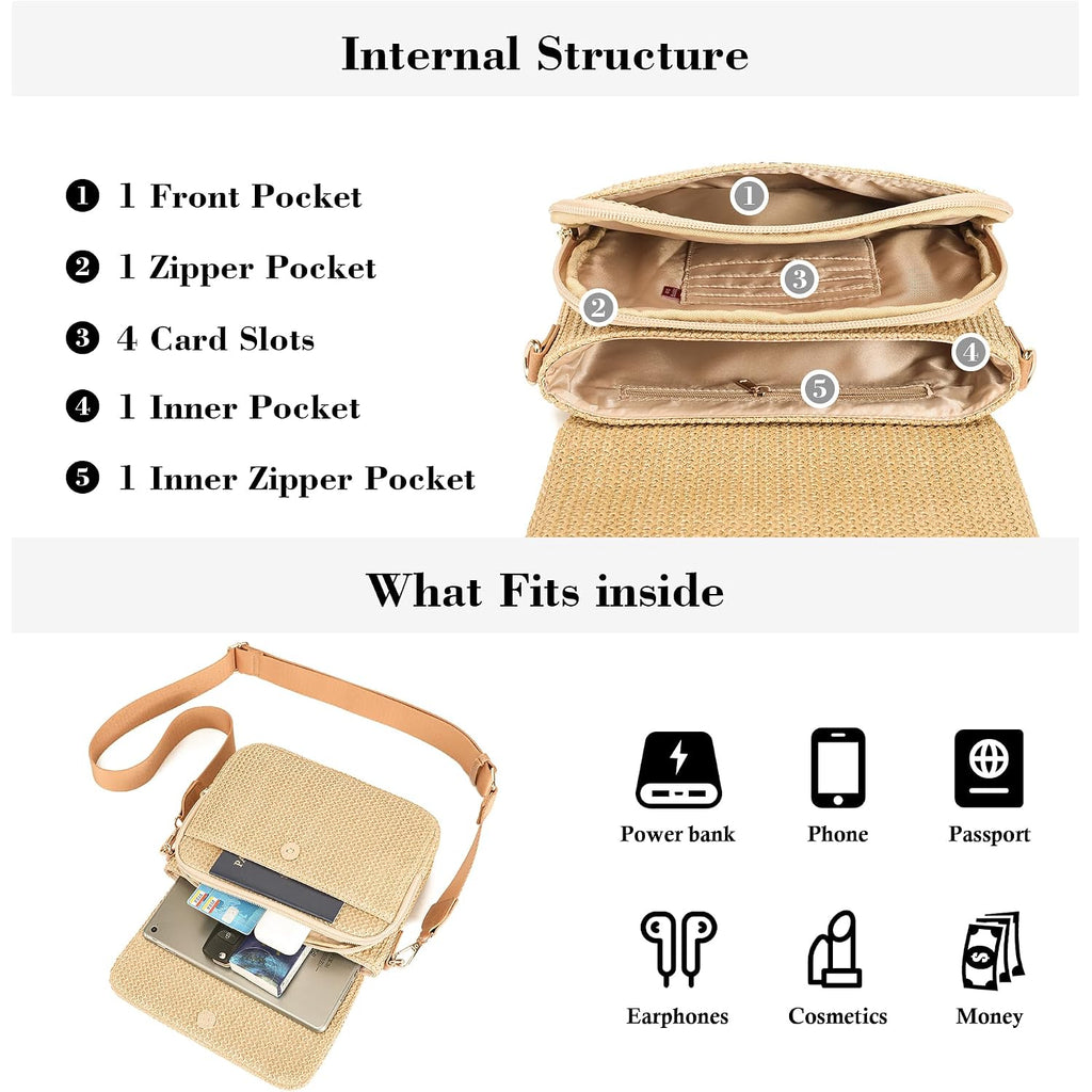 Faux Straw Small Crossbody Bag Women Summer Woven Sling Purse For Beach Travel Vacation Essentials Raffia