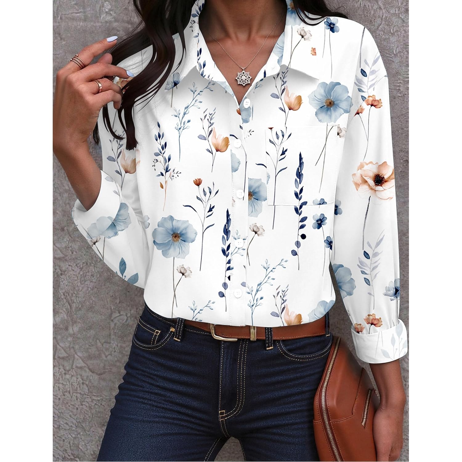 Womens Button Down Shirts Oversized Long Sleeve Floral Printed Blouses Casual Work Tops Drop Shoulder Outfit Clothes
