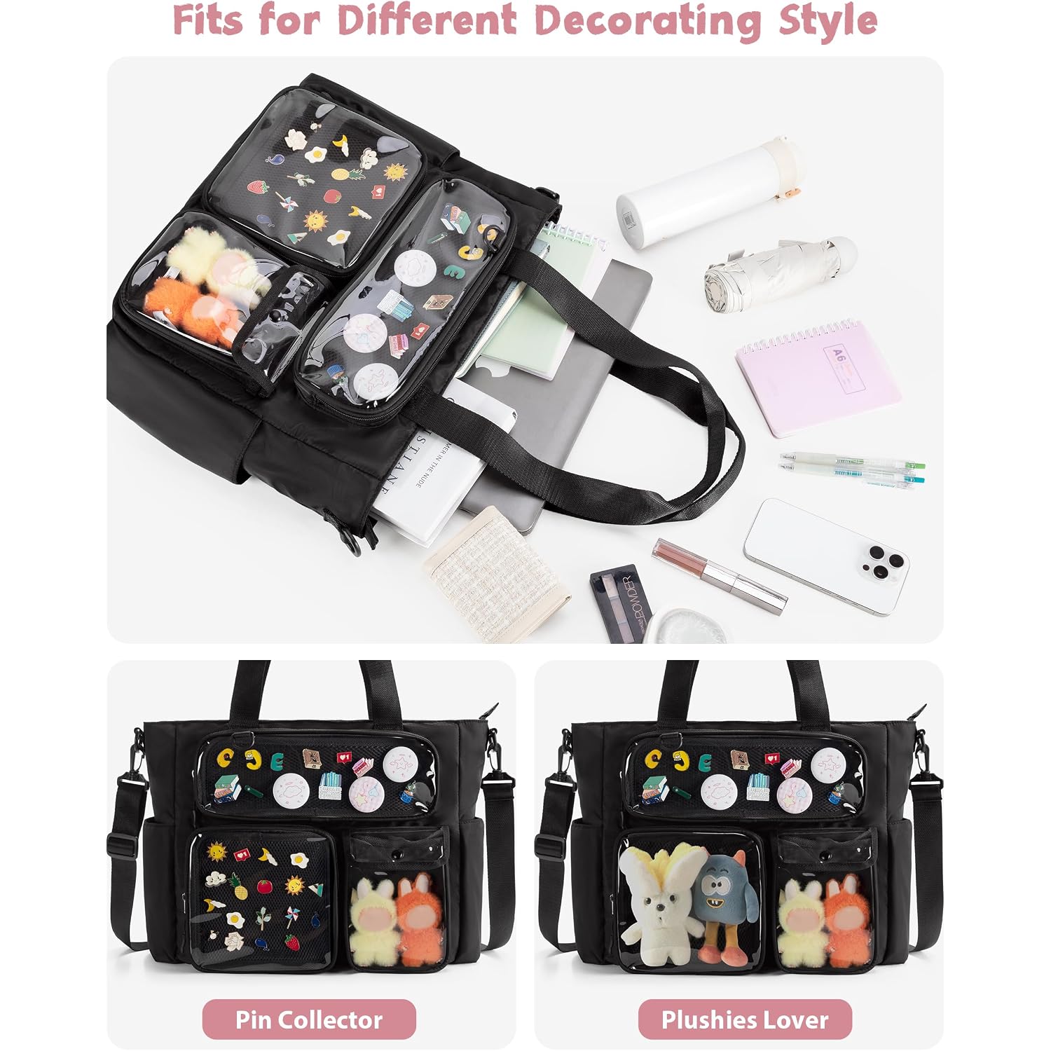 Large Ita Bag With 3 Pockets & 2 Inserts, Kawaii Pin Display Ita Tote Bag For Anime Kpop Fans, Versatile Messenger Bag