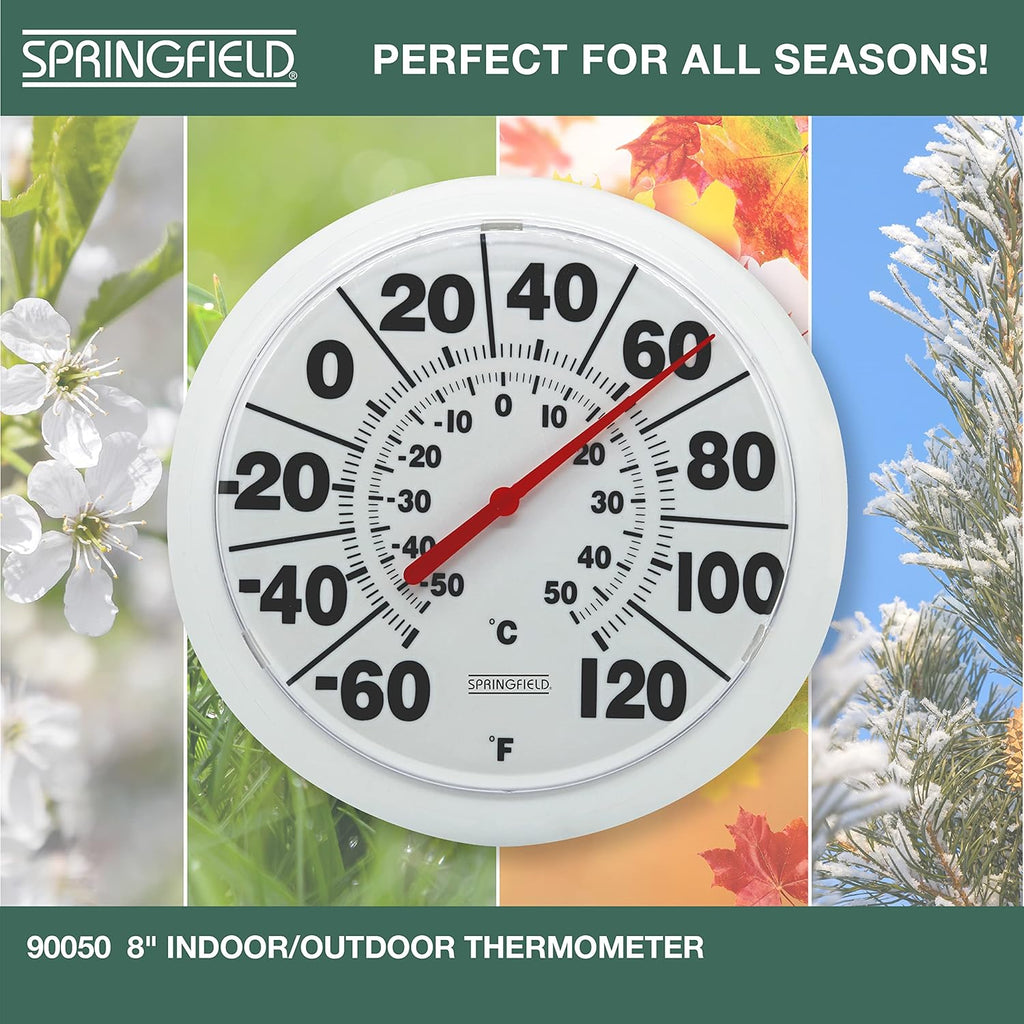 Springfield Indoor Outdoor Big And Bold Dial Thermometer, Wireless Thermometer With Easy To Read Large Numbers For Patio, Pool, And Indoor Areas, 8-Inch, White