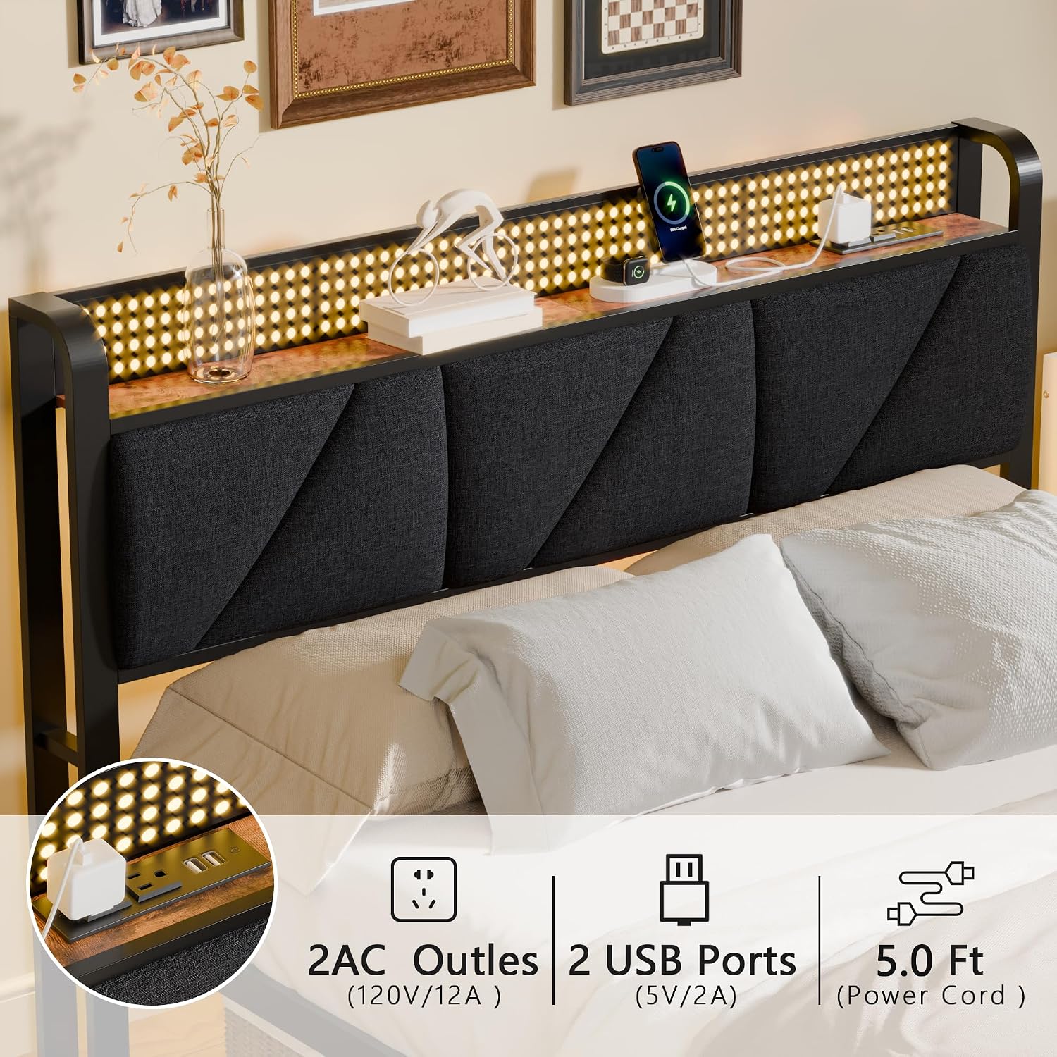 Queen Bed Frame With Headboard And Storage Shelf, Led Light And Charging Station, Metal Platform Bed With Heavy Duty Slats, No Box Spring Needed, Noise Free & Easy Assembly