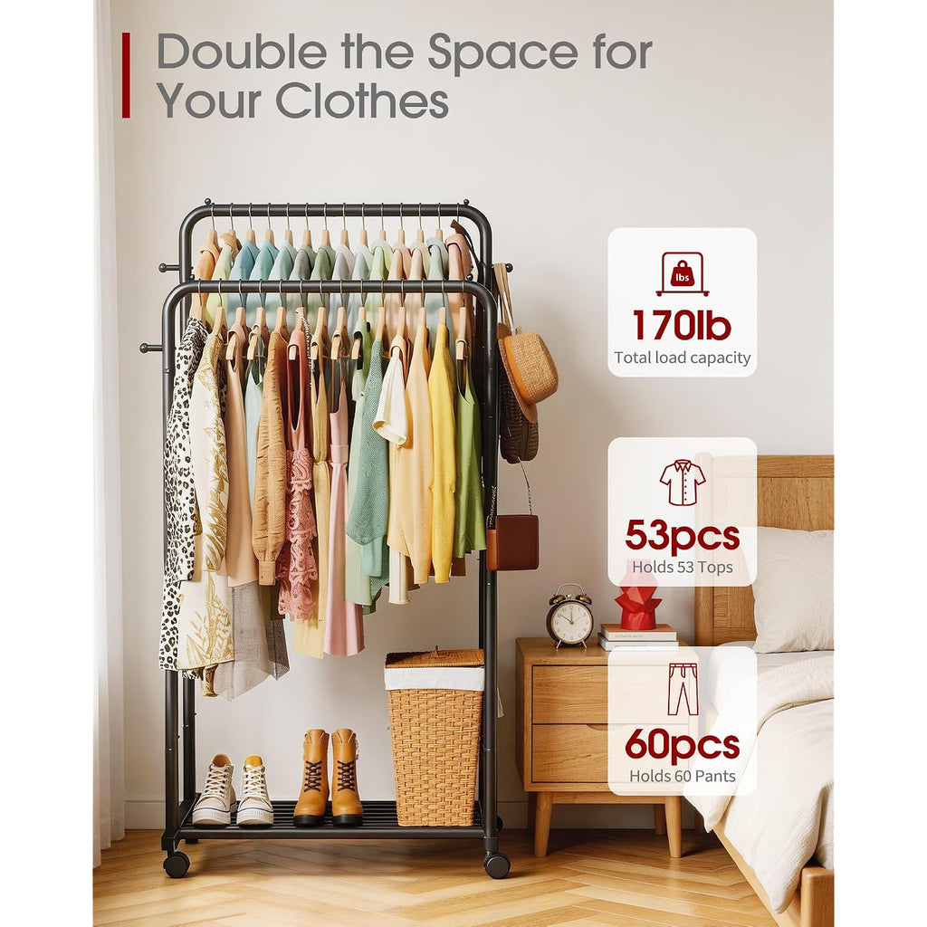Clothes Rack - Double Rods Clothing Rack With Mesh Shelf, Hooks & Wheels, Metal Clothing Racks For Hanging Clothes & Bags, Multifunctional Garment Rack For Laundry, Black, 28.7" X 16.5" X 59.1"