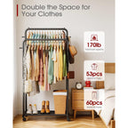 Clothes Rack - Double Rods Clothing Rack With Mesh Shelf, Hooks & Wheels, Metal Clothing Racks For Hanging Clothes & Bags, Multifunctional Garment Rack For Laundry, Black, 28.7" X 16.5" X 59.1"