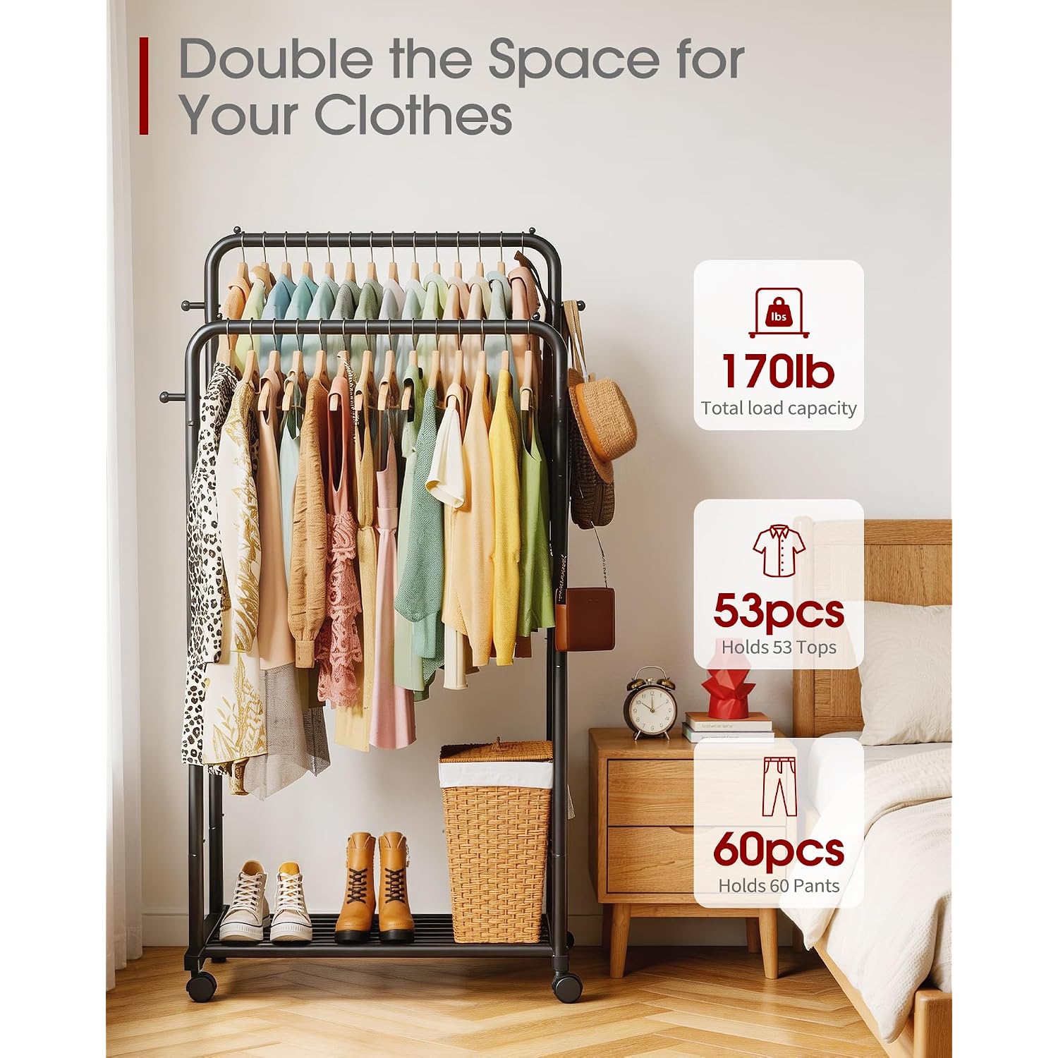 Clothes Rack - Double Rods Clothing Rack With Mesh Shelf, Hooks & Wheels, Metal Clothing Racks For Hanging Clothes & Bags, Multifunctional Garment Rack For Laundry, Black, 28.7" X 16.5" X 59.1"