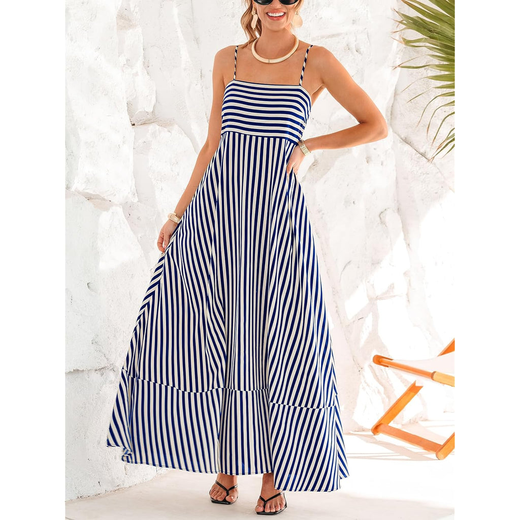 Cupshe Womens Summer Maxi Dress Casual Sleeveless Square Neck Striped Beach Long Dress With Pockets