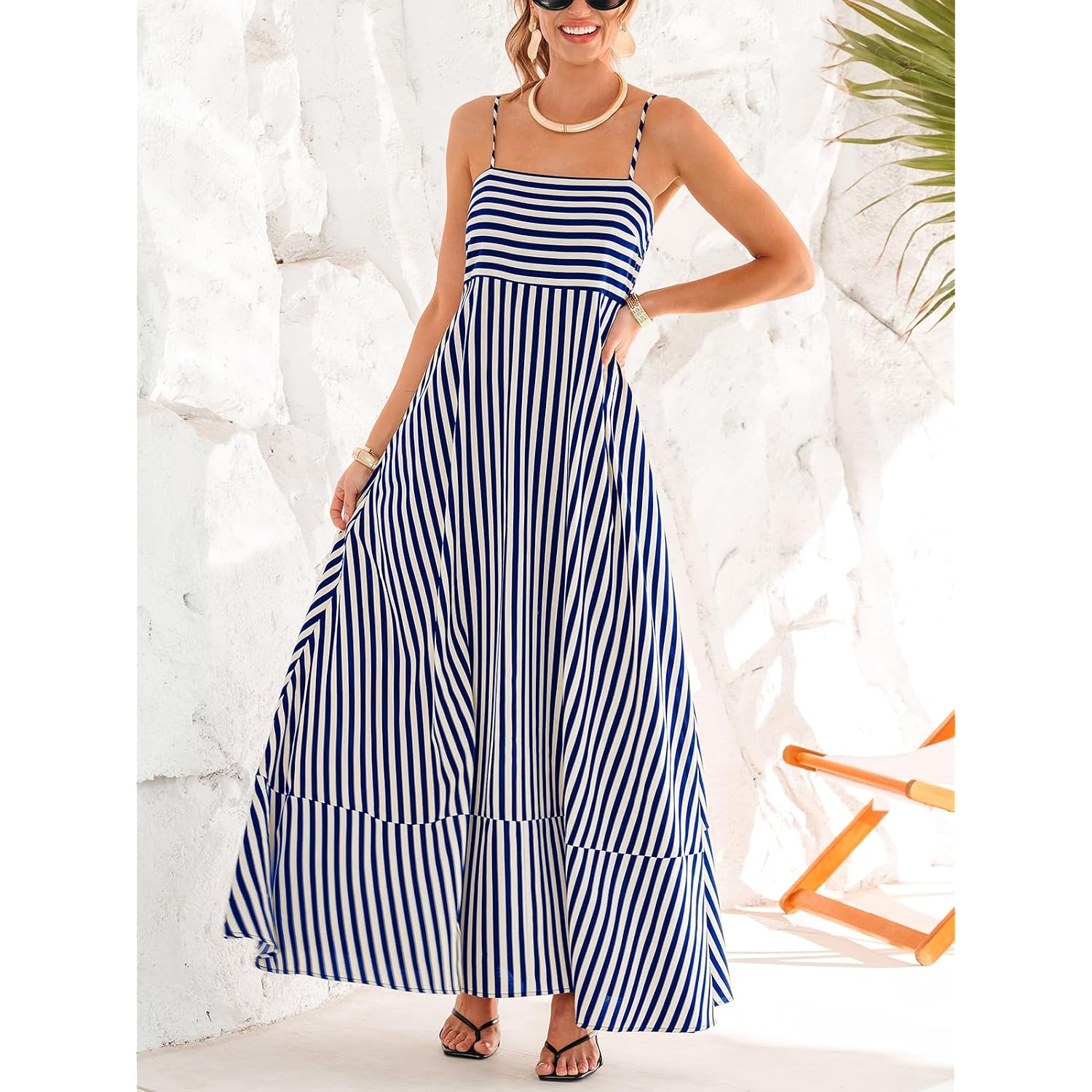 Cupshe Womens Summer Maxi Dress Casual Sleeveless Square Neck Striped Beach Long Dress With Pockets