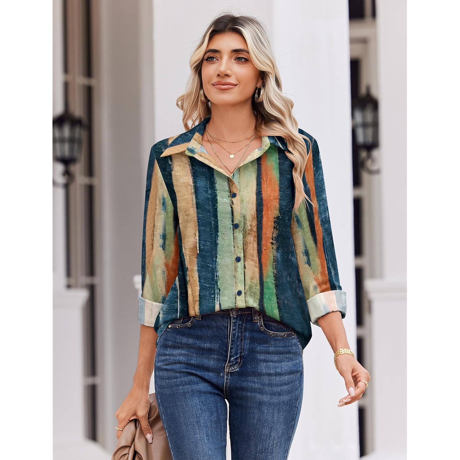 Blouse for Women Dressy Long Sleeve Button Down Shirts Business Casual Outfit Lightweight Solid/Printed Tops