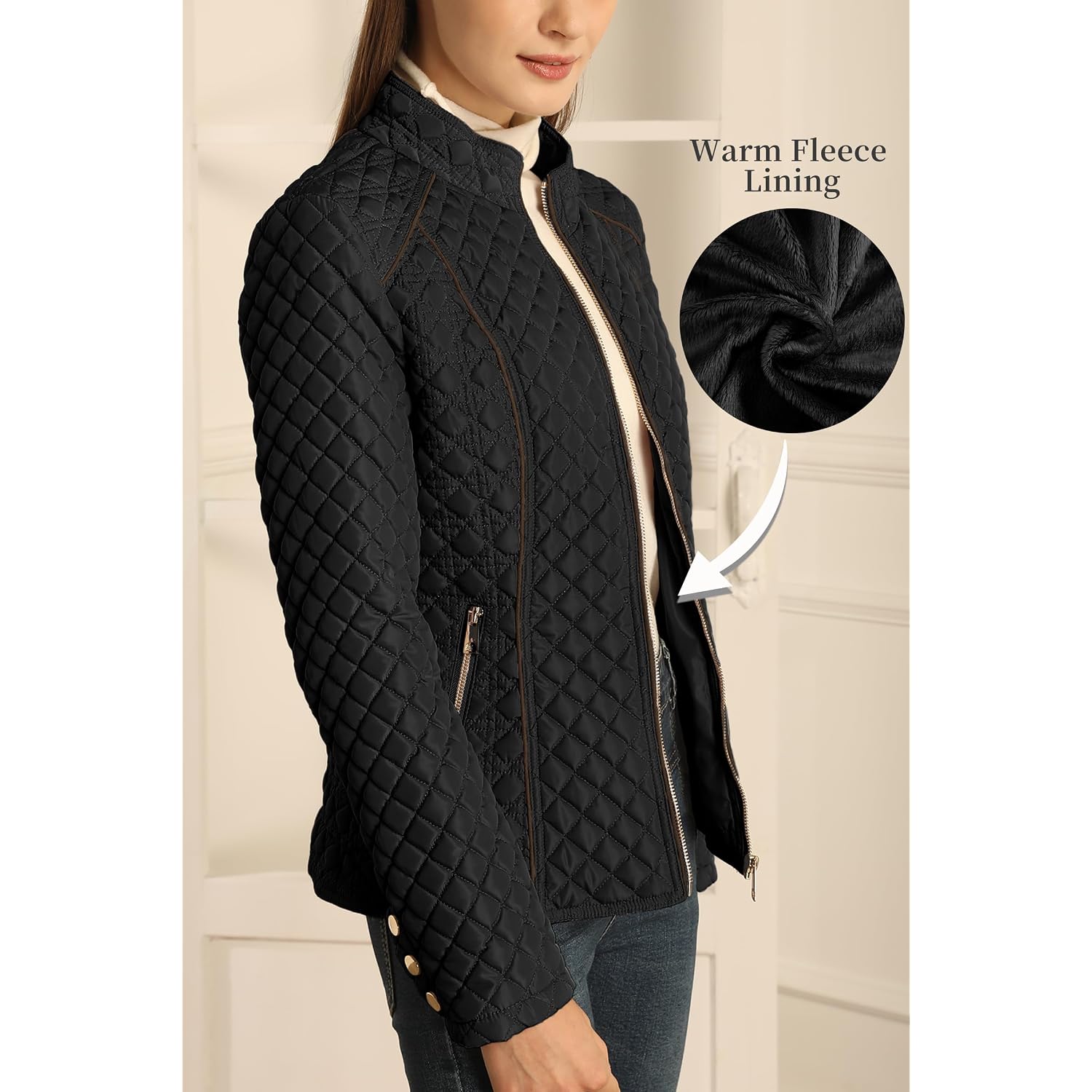 Bellivera Women'S Fleece-Lined Diamond Quilted Puffer Jacket Winter Coat | Stand Collar Casual Padded Outerwear With Soft Thermal Lining, Zipper Front, And Classic Stitched Surface