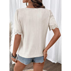 Dokotoo Womens Summer Tops 2026 Hollow Out Lace Trim Short Sleeve T-Shirts Crewneck Casual Lightweight Basic Tee Blouses
