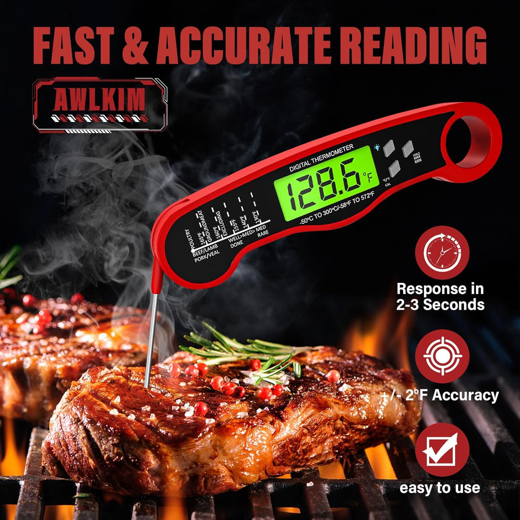 Meat Thermometer Digital, Instant Read Food Thermometer, Red | Waterproof Cooking Thermometer With Doneness Chart, Backlight, F/C Switch For Bbq, Candy, Oil