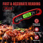 Meat Thermometer Digital, Instant Read Food Thermometer, Red | Waterproof Cooking Thermometer With Doneness Chart, Backlight, F/C Switch For Bbq, Candy, Oil