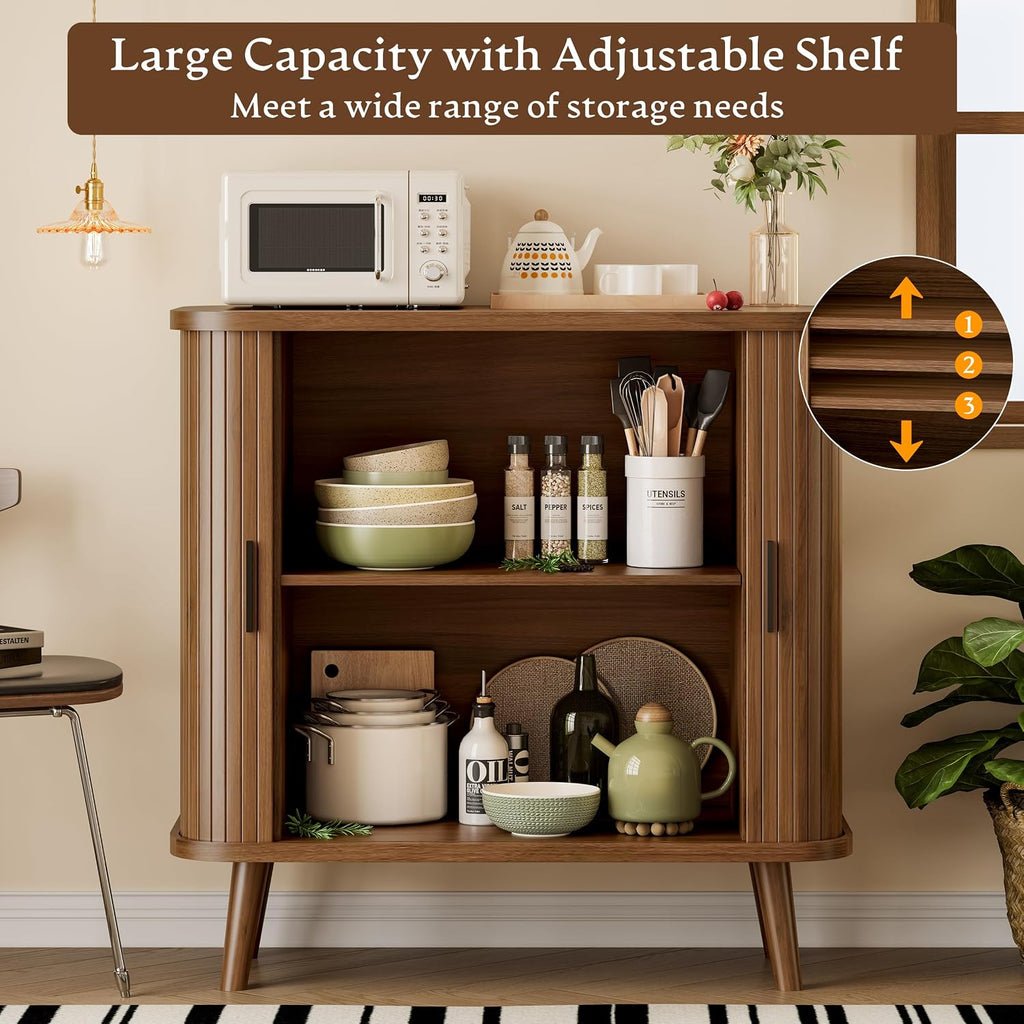 Sideboard Buffet Cabinet With Sliding Door, 31.5" Wide Fluted Modern Accent Storage Cabinet With Adjustable Shelves, Wood Coffee Bar Buffet Console Table For Kitchen, Dining Room, Living Room, Walnut