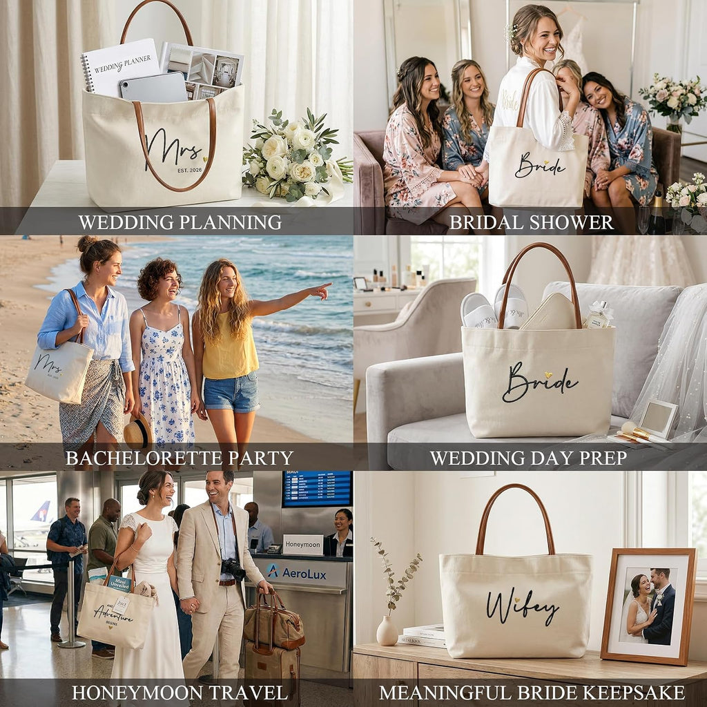 Bride Tote Bag, Embroidered Canvas Wedding Essential Tote, Bridal Shower Engagement Bachelorette Beach Bag