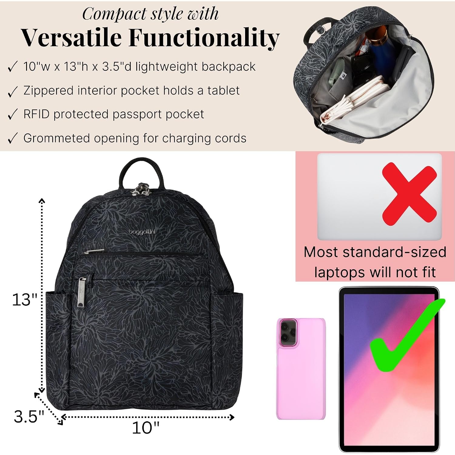Baggallini Securtex® Anti-Theft Vacation Travel Backpack 10X13 Slash-Resistant Nylon Daypack W/Rfid, Midnight Blossom