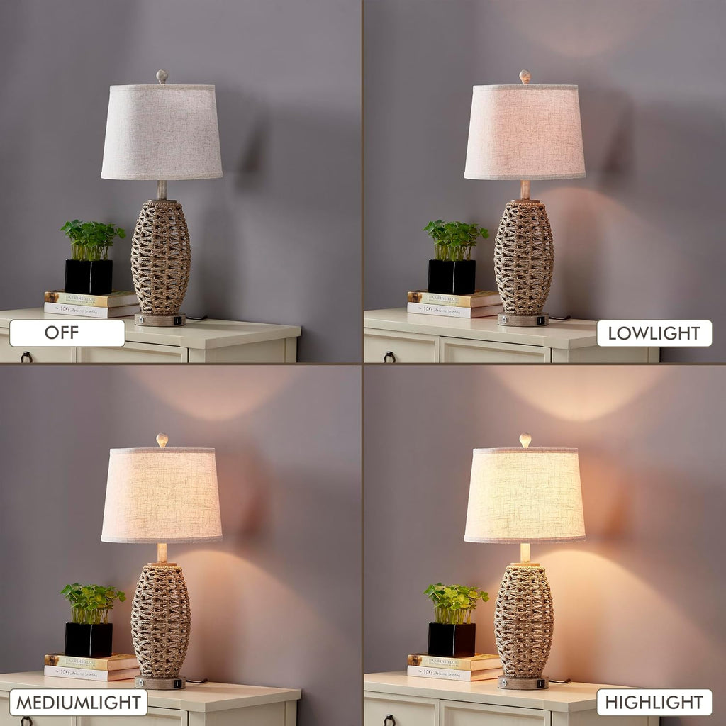 27” Natural Rattan Table Lamps Set Of 2,Touch Switch,3-Way Dimmable Bedside Lamps, With A+C Usb Charging Ports,Oatmeal Lampshade,Farmhouse Table Lamp For Bedroom, Living Room(2 Bulbs Included)
