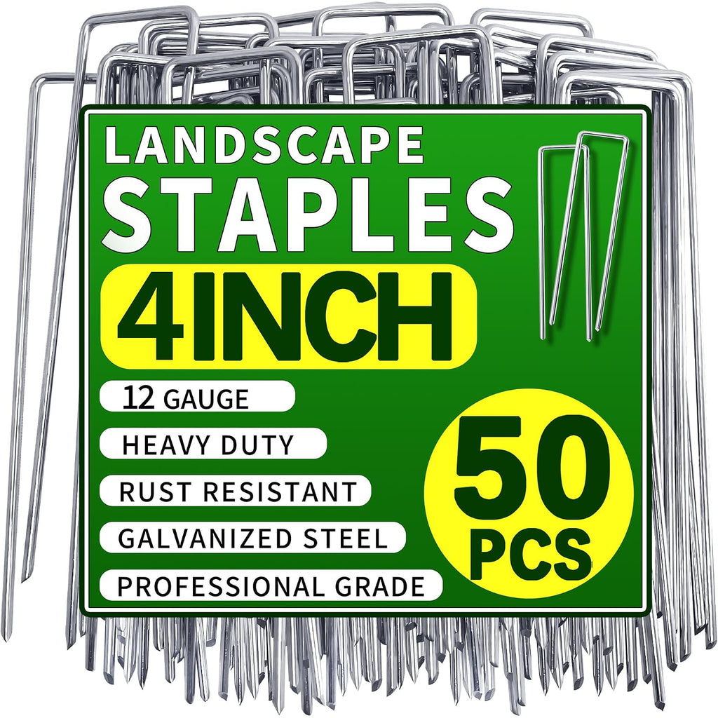 50 Pack Landscape Staples 4 Inch Garden Stakes Galvanized Garden Staples Pins Anti-Rust Ground Stakes For Weed Barrier, Irrigation Tubing, Landscaping Fabric, Yard Lawn
