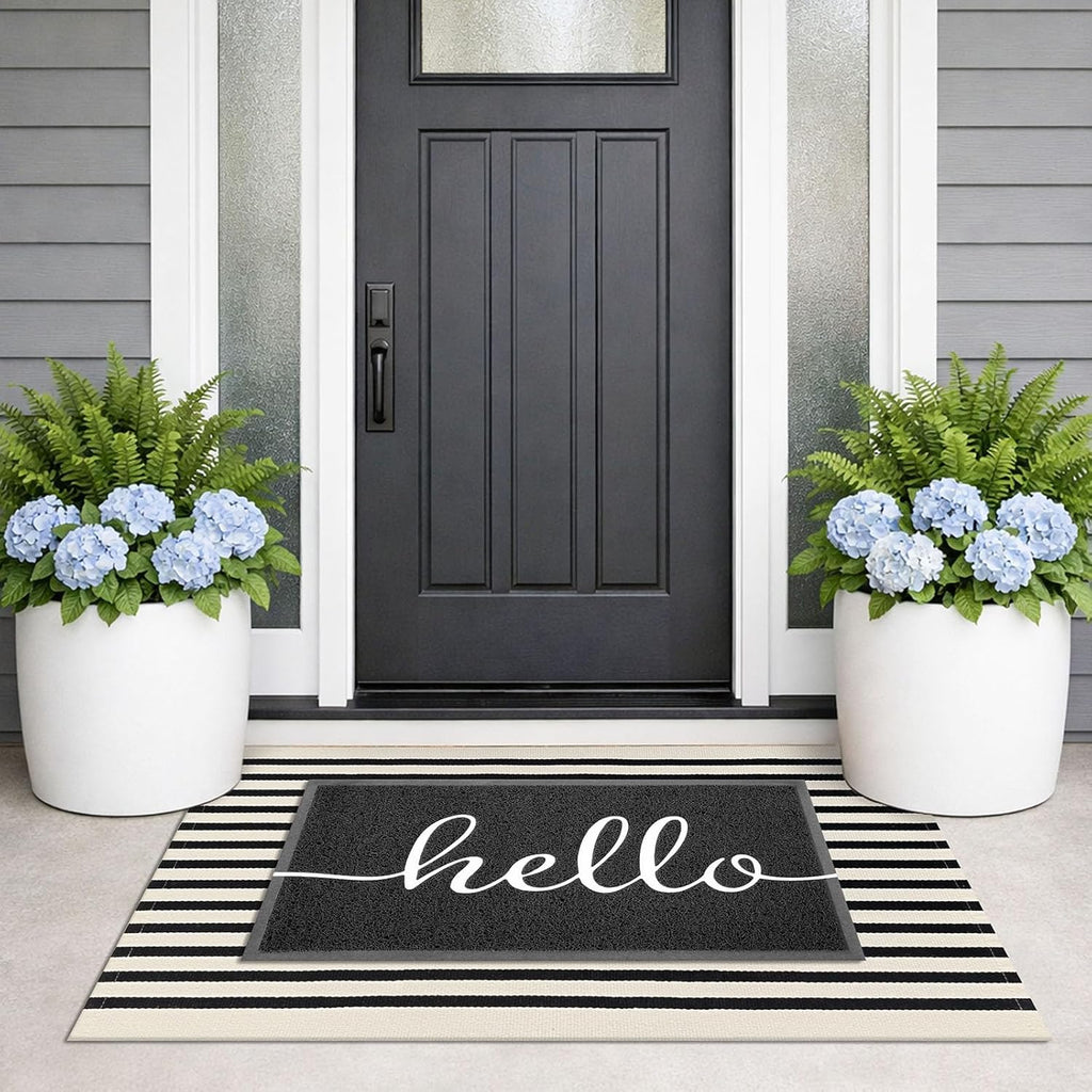 KILOCOCO Beige Striped Rug 2.3'x3.6' Indoor Outdoor Rugs Front Door Mat Hand Woven Cotton Washable Striped Layered Doormats for Front Porch/Kitchen/Farmhouse/Entryway/Patio