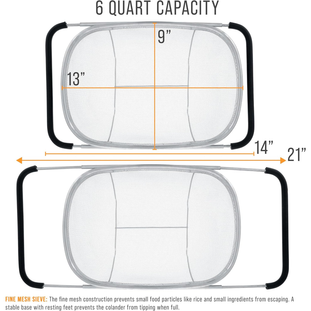 U.S. Kitchen Supply Stainless Steel Colander Strainer - 6-Quart Collapsible Colander With Expandable Rubber Handles - Rectangular Sieve, Fine Mesh Stainless Steel Strainers And Colanders For Kitchen