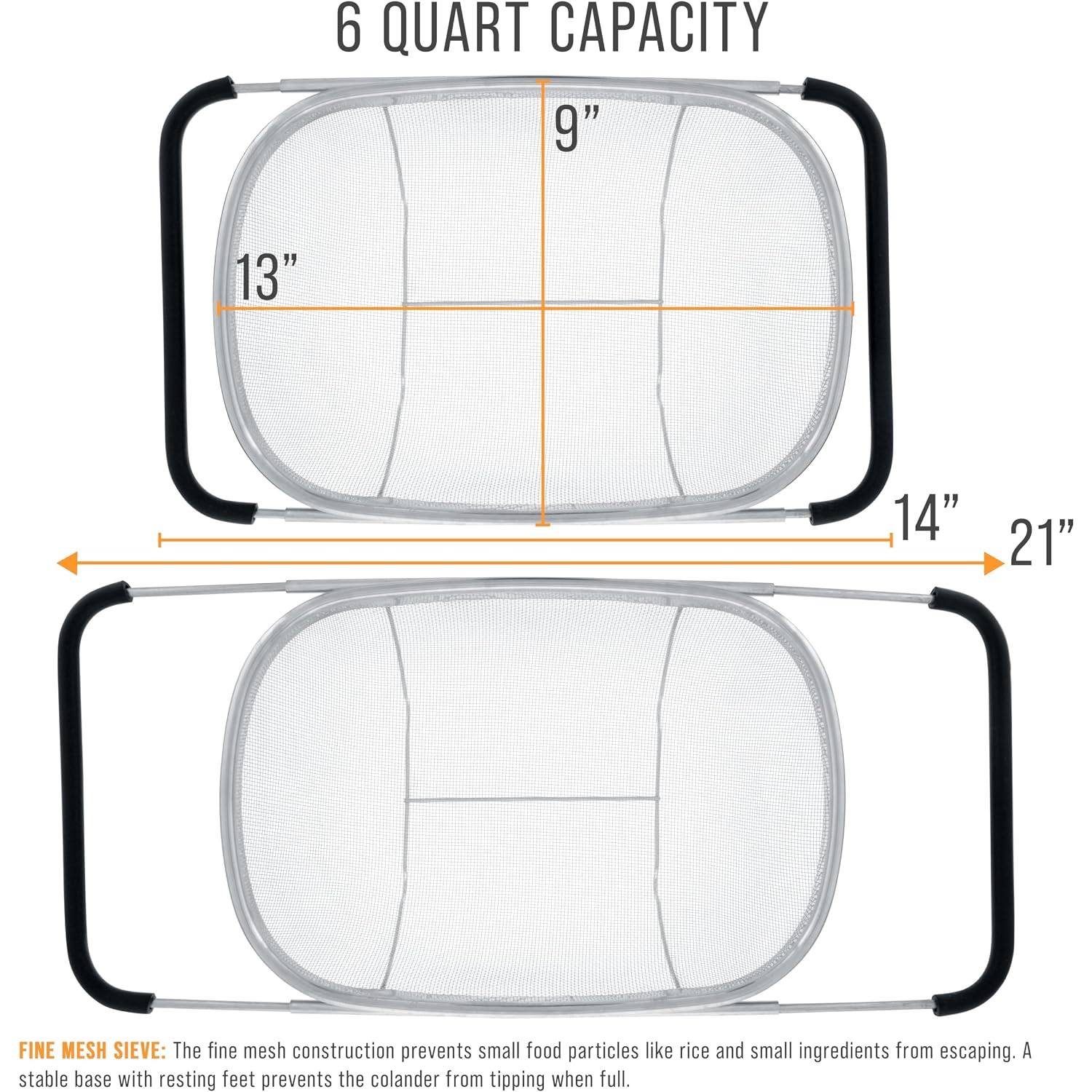 U.S. Kitchen Supply Stainless Steel Colander Strainer - 6-Quart Collapsible Colander With Expandable Rubber Handles - Rectangular Sieve, Fine Mesh Stainless Steel Strainers And Colanders For Kitchen