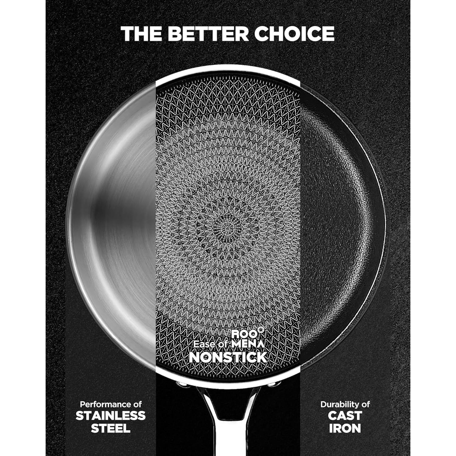 Frying Pans Non Stick, Hybrid Ceramic With Lid, 12 Inch Tri-Ply Stainless Steel Skillet, Non-Toxic, PFAS/PFOA/PTFE Free, Metal Utensil Safe, Dishwasher & Oven Safe