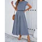 Womens 2 Piece Outfits Skirt Set Summer Casual Cap Sleeve Crop Tops Maxi Dress Sets With Pockets