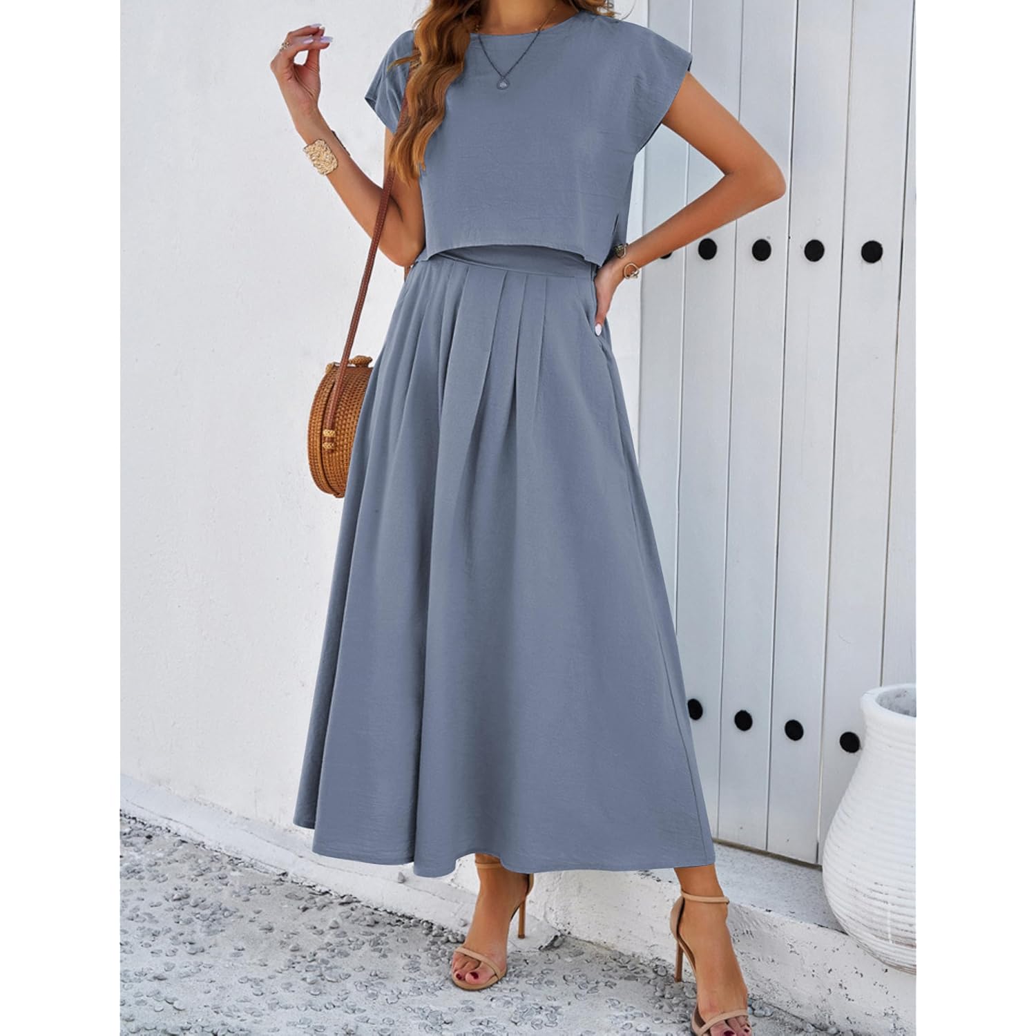 Womens 2 Piece Outfits Skirt Set Summer Casual Cap Sleeve Crop Tops Maxi Dress Sets With Pockets