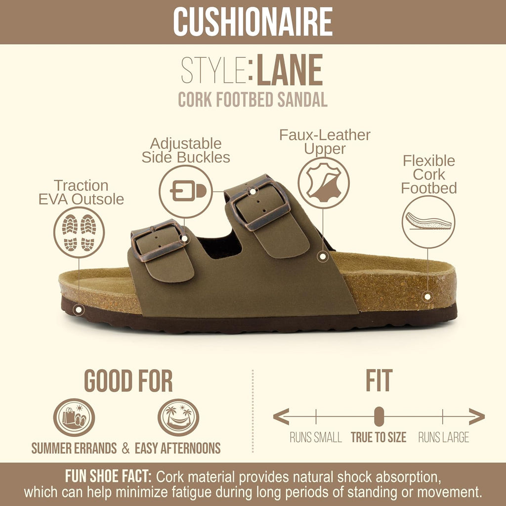 Cushionaire Lane Cork Footbed Womens Sandals Comfortable Double Buckle Slip On Sandals For Women With Arch Support And Classic Two Strap Design