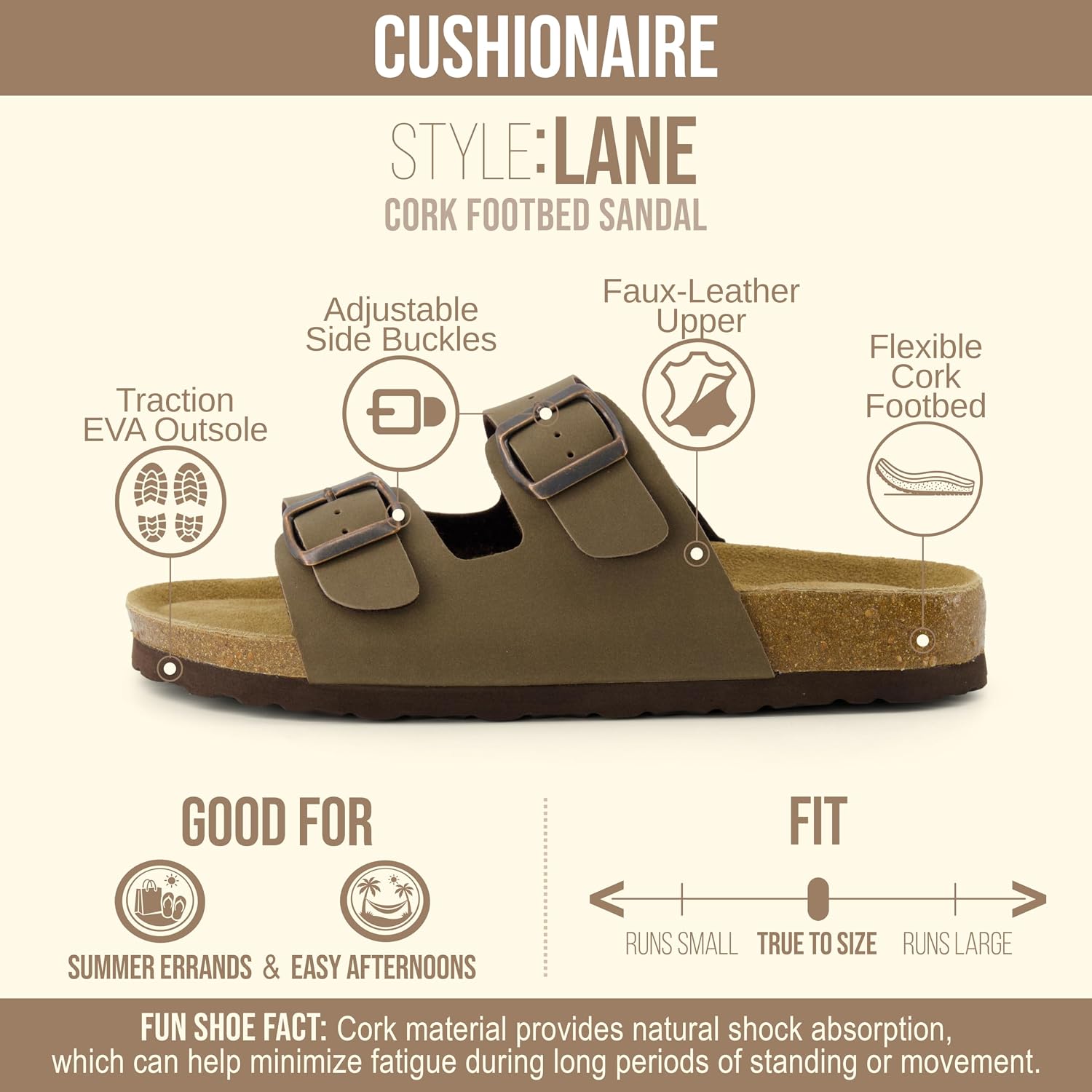 Cushionaire Lane Cork Footbed Womens Sandals Comfortable Double Buckle Slip On Sandals For Women With Arch Support And Classic Two Strap Design