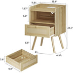 Superjare Nightstands Set Of 2, Night Stands With Charging Station & Pe Rattan Decor Drawer, Bed Side Tables With Solid Wood Feet, End Table, For Bedroom, Living Room - Natural