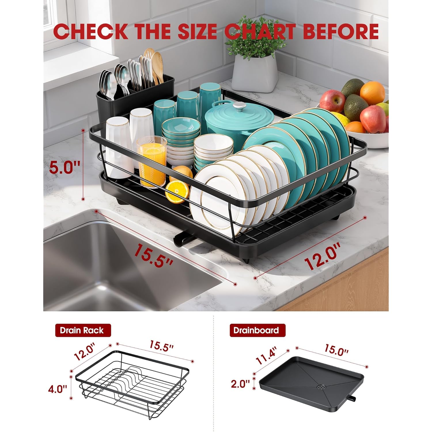 Sakugi Stainless Steel Dish Drying Rack for Kitchen Counter, Sink Organization and Storage Essentials with Silverware & Utensil Holder, Home and Apartment Decor, 12''W x 15.5''L, Black